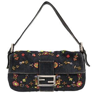 Fendi Navy Denim Beaded Baguette Handbag -